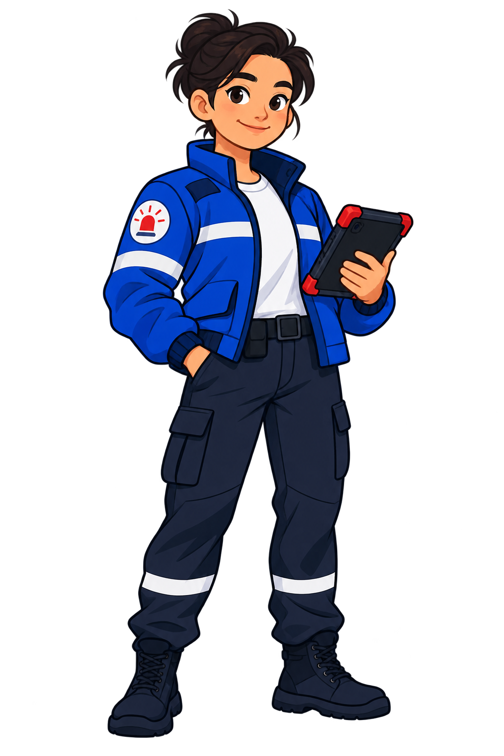 Cartoon Mayday Hero holding a response tablet